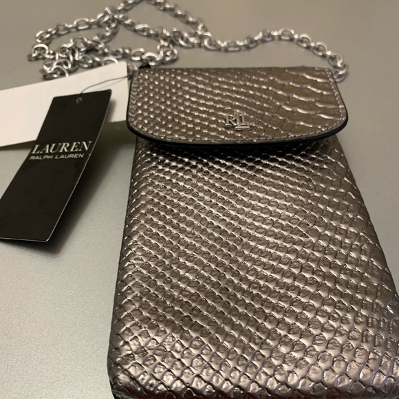 Ralph Lauren Embossed Leather Phone crossbody bag/case chain strap Silver - Picture 5 of 7